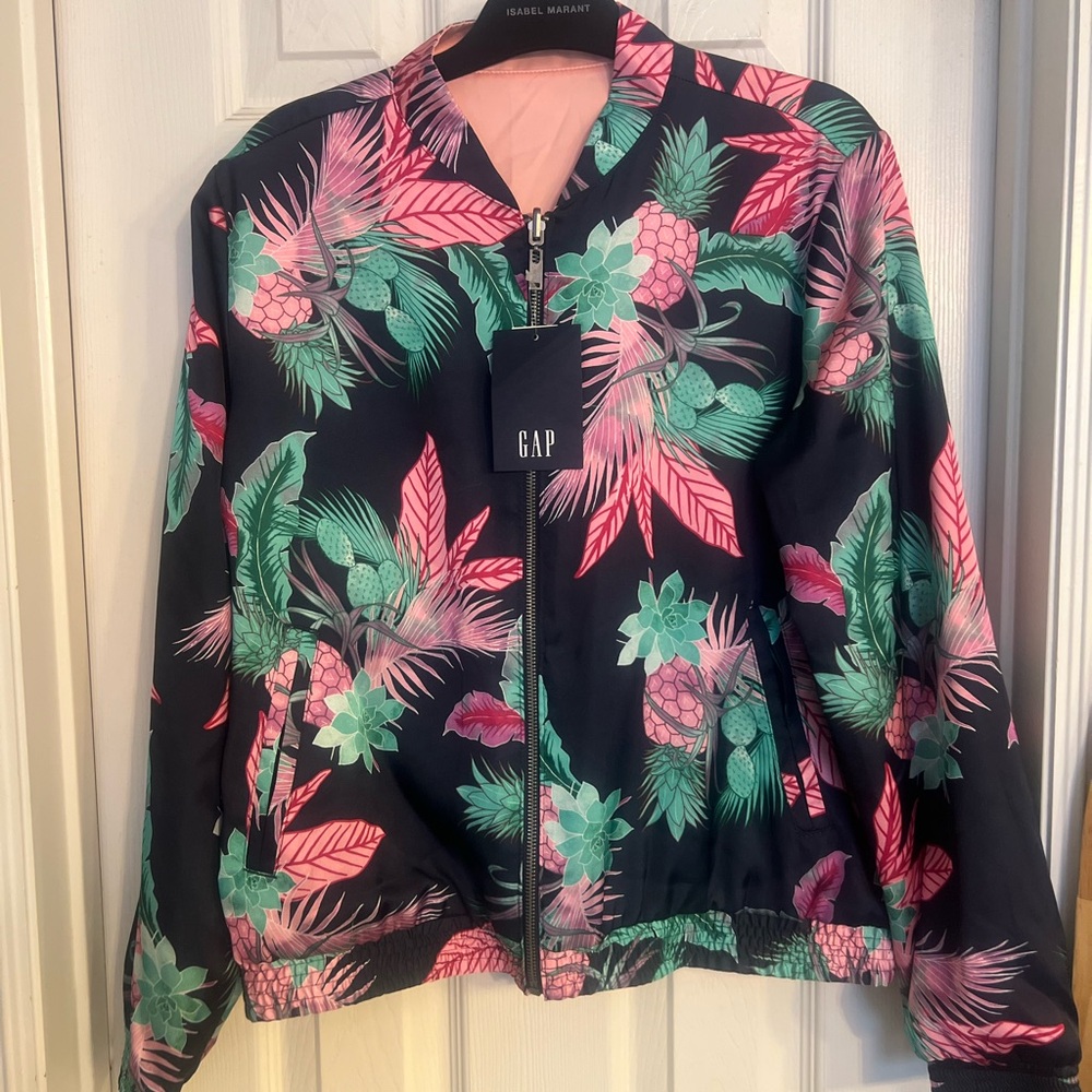 Reversible GAP Women's Floral Bomber Jacket - 🌴 Navy and Pink 🌺